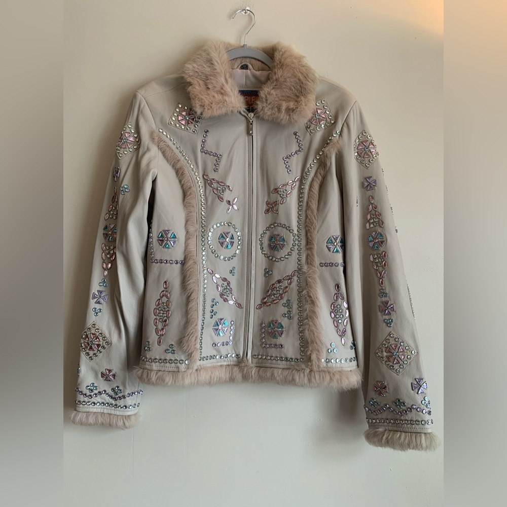 Cripple Creek Bedazzled Leather Beige Jacket Coat Women Size Large Faux Fur